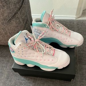 Air Jordan 13 Retro Aurora Green  women size 7 youth size 5,  green white & pink